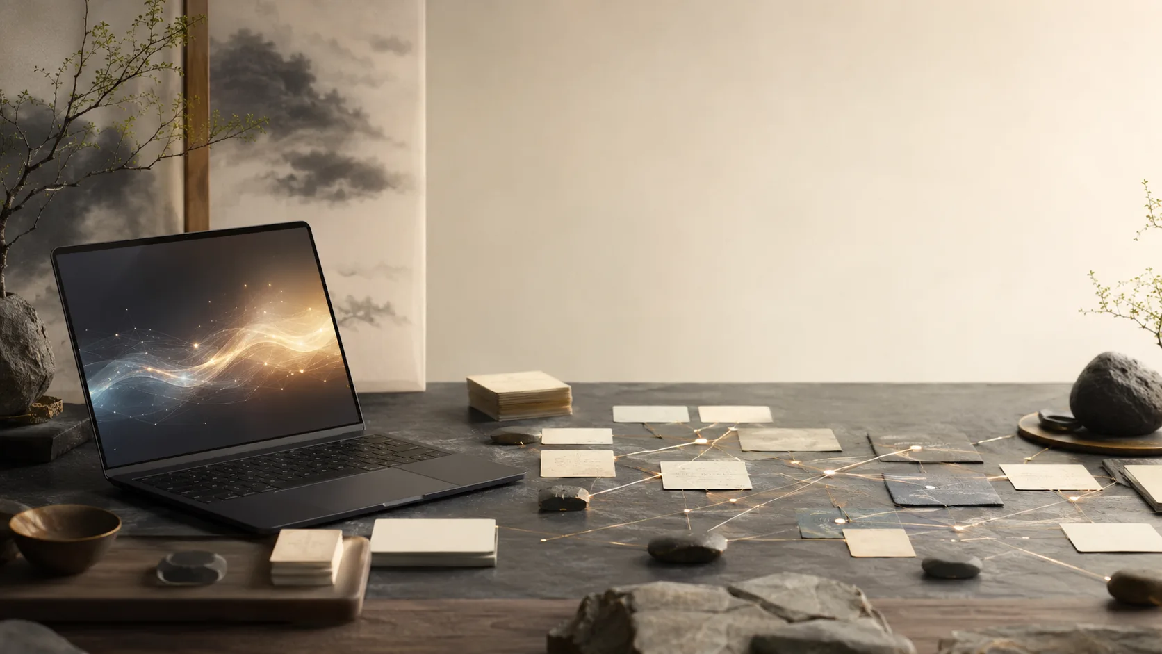 ノートPCから広がるAIネットワークとカードの地図